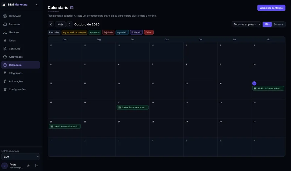 Calendário editorial para visualizar o planejamento de publicações.
