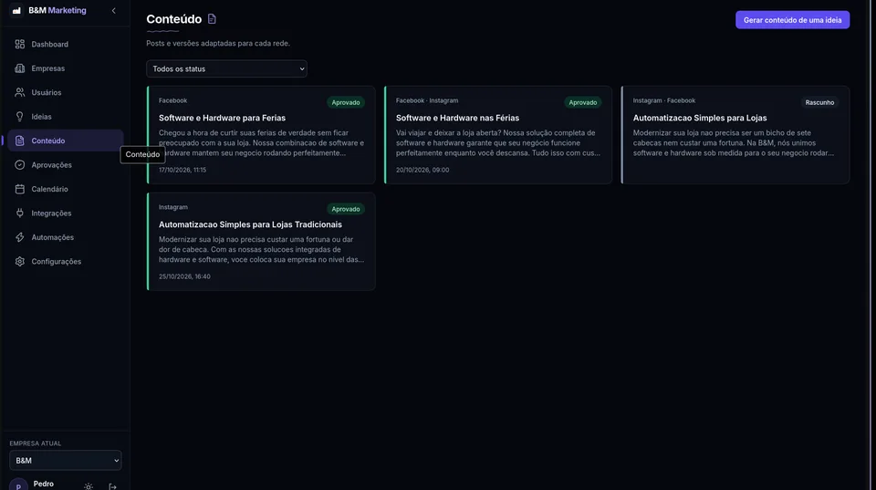 Conteúdos por rede social, com status e datas em cada card.