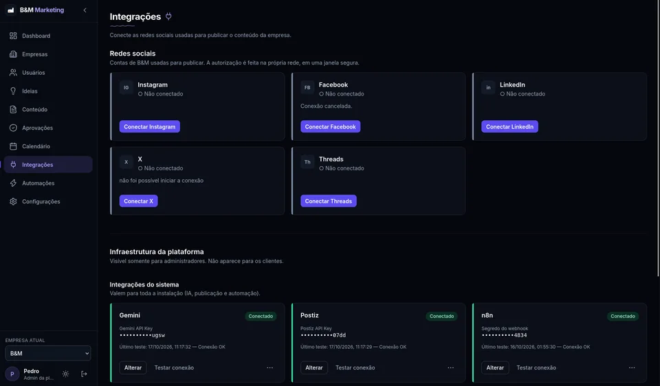 Área de conexões com redes sociais e integrações da plataforma.